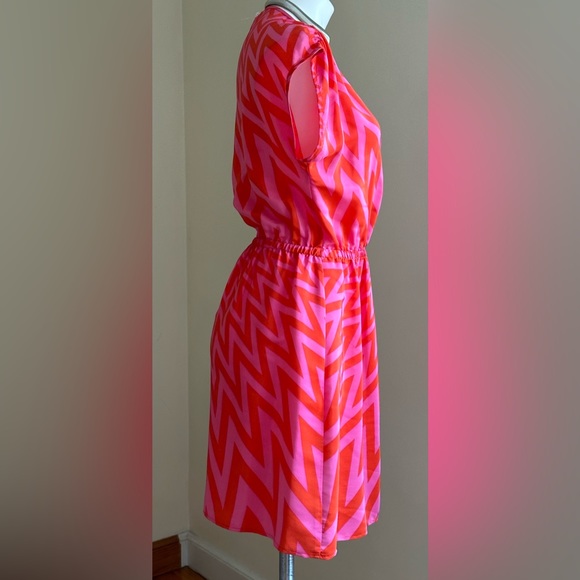 Amanda Uprichard Orange & Red Geometric V Neck Mini Dress 100% Silk Chev… - Picture 6 of 13